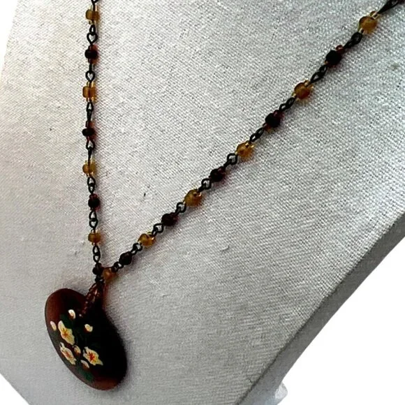 Vintage Hand-Painted Floral Pendant Necklace With Beaded Chain.  B44 - Picture 5 of 13
